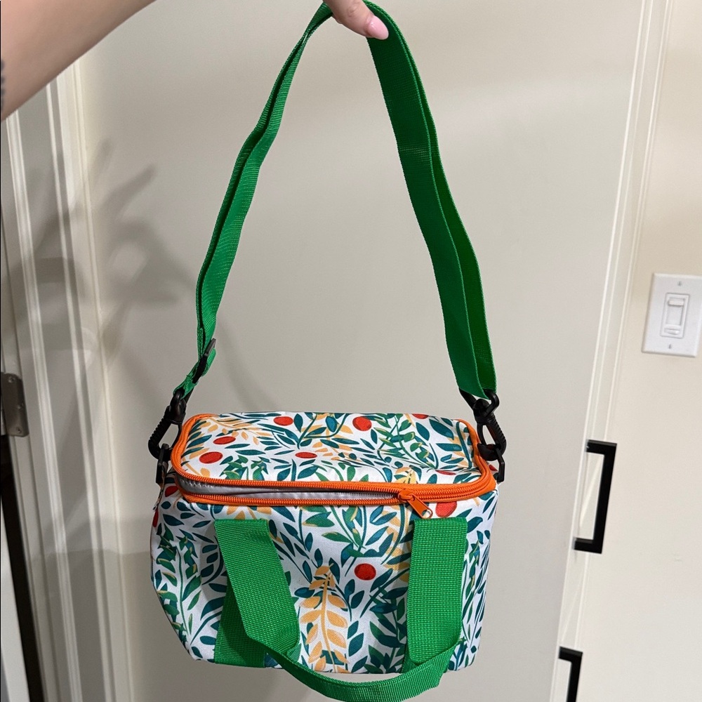 Green Floral Insulated Lunch Bag with Orange Trim